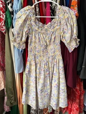 Levi's Pale Yellow Floral Smocked Puff Sleeve Mini Dress